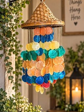 Vintage Capiz Shell Wind Chime 7” Multicolor Rattan Boho Hanging Mobile